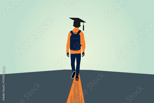 congrats graduate graduation banner, silhouette of university student walk on mystery road, mix emotion of happy fear uncertainty worry . cartoon vector