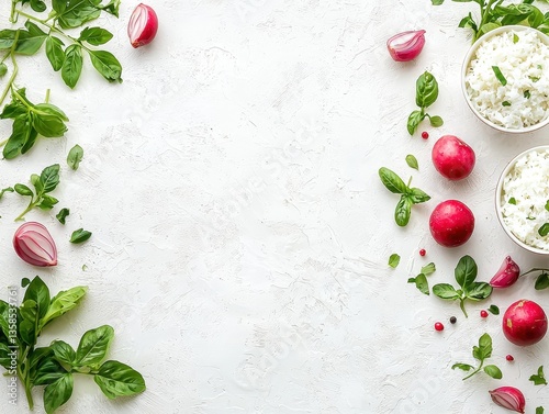 A vibrant arrangement of fresh herbs, radishes, and creamy ingredients, creating a delightful culinary scene on a textured background.