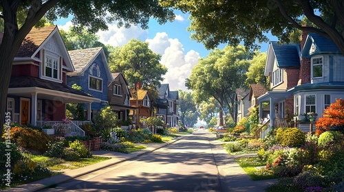 Beautiful suburban street lined with unique house styles, tree-shaded sidewalks, and well-kept gardens, sunny day with warm and inviting tones. 
