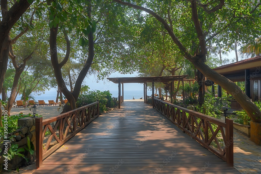 Obraz premium Discover the allure of a lovely wooden walkway ushering you to a sunny beach with its simple beauty drawing you to a place of delight and excitement 