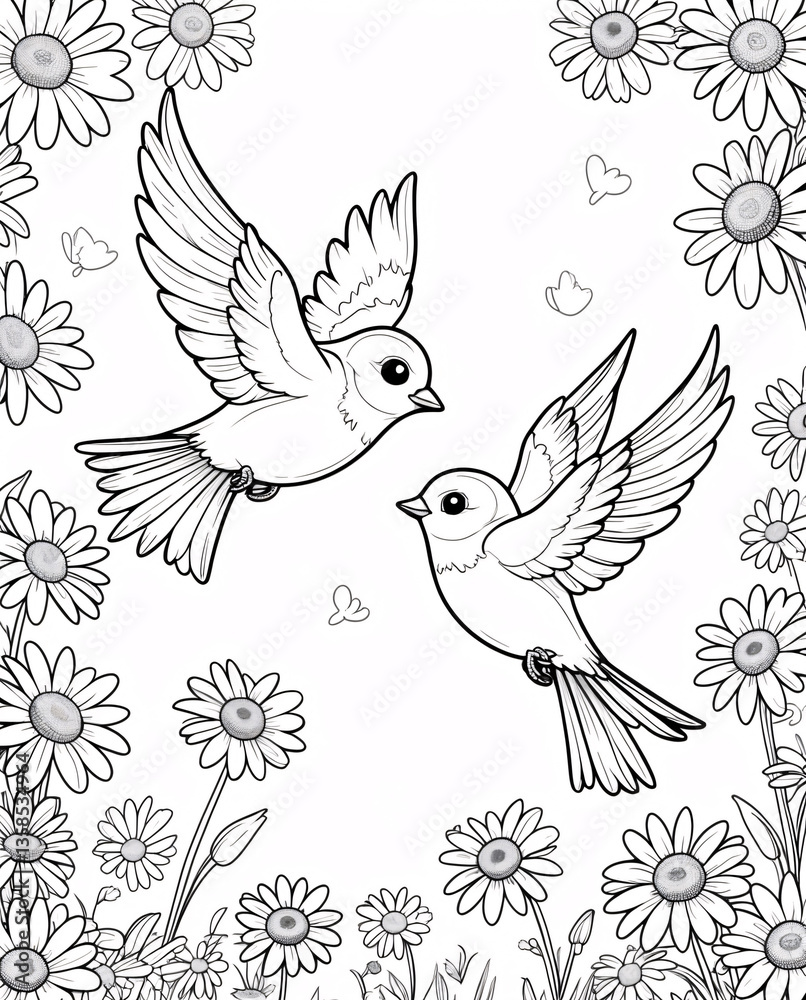 Fototapeta premium Graceful pair of lover birds gliding above a garden of delicate flowers in a stunning line art drawing animal in garden Illustration