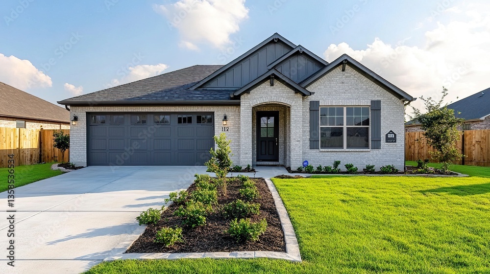 Obraz premium Classic gray ranch-style model home, single story with large front windows, green grass yard, and bright daylight, balanced and inviting composition. 