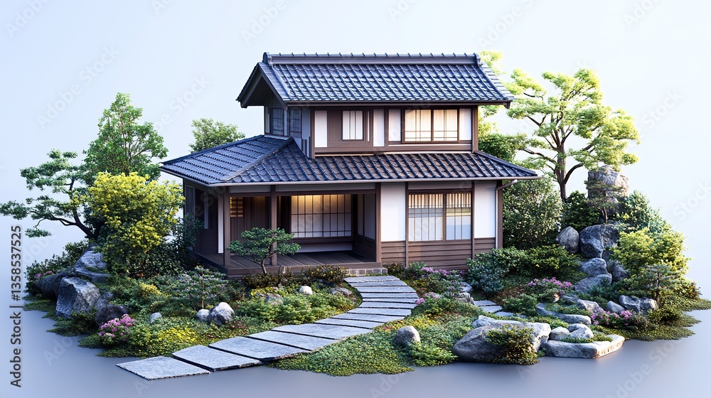 Compact Japanese house with a minimalist design, sloped roof, and small front garden, sunny skies, clear and detailed composition. Compact Japanese house with a minimalist design, sloped roof, and small front garden, sunny skies, clear and detailed composition.