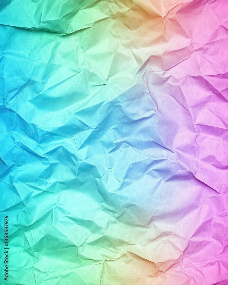 Obraz premium A vibrant close-up of a crumpled paper background showcases a stunning array of colors, with a vivid rainbow arching gracefully across the textured surface, creating a playful and artistic feel.