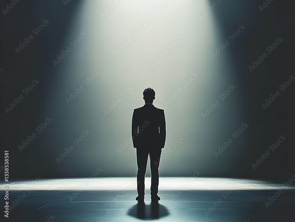 Fototapeta premium Solitary figure standing in spotlight, illuminated by bright light