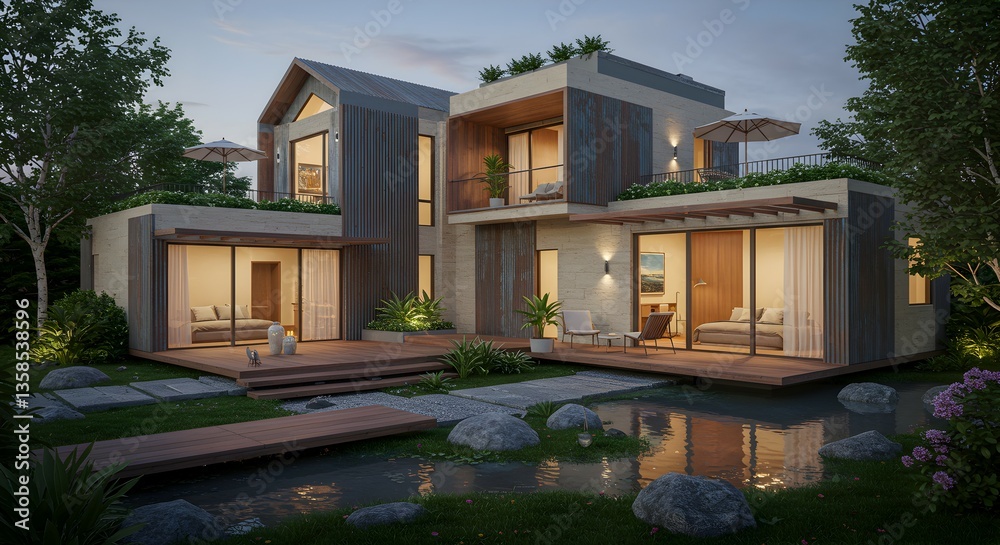 Modern Luxury Home Design with Water Feature at Dusk Modern Luxury Home Design with Water Feature at Dusk