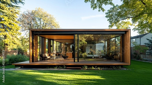 Contemporary modular house with a floating box design, warm wood and neutral tones, glass facade, surrounded by a green yard, and a sunny sky, sharp and sleek. 