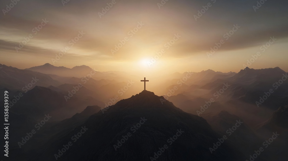 Christian cross silhouette on mountain peak at sunset. Spiritual landscape for Easter, Good Friday, or religious inspiration. Faith symbol with copy space. Christian cross silhouette on mountain peak at sunset. Spiritual landscape for Easter, Good Friday, or religious inspiration. Faith symbol with copy space.