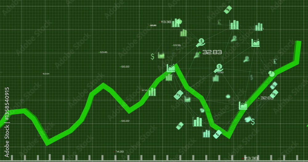Digital image of green graph moving against network of finance icons on green background Digital image of green graph moving against network of finance icons on green background