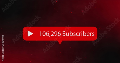 Image of red speech bubble with number of subscribers over red spots and clouds of smoke