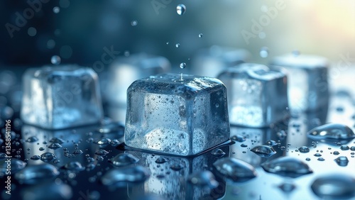Melting ice cubes with water splashes and droplets on reflective surface in cool lighting	