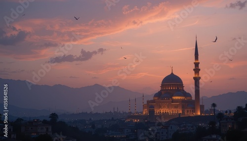 sunset in istanbul Eid Mubarak greeting card background
