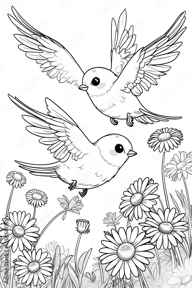 Obraz premium Romantic pair of lover birds flying over a vibrant garden filled with blooming flowers in line art for coloring animal in garden Illustration