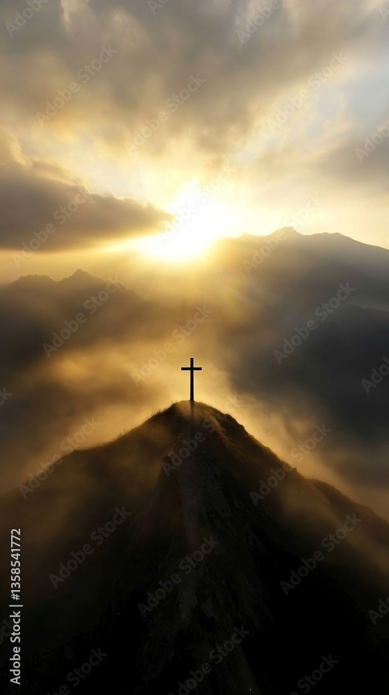 Fototapeta premium Christian cross silhouette on mountain peak at sunrise. Spiritual symbolism and faith concept. Easter, Good Friday, or Sunday service background. Copy space.