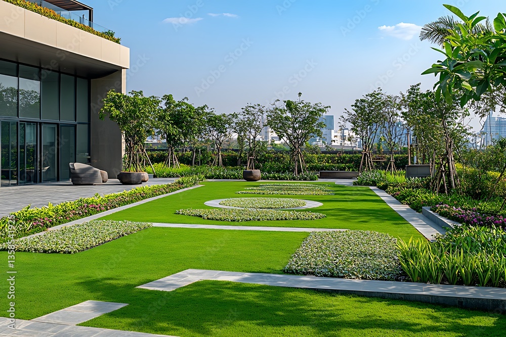 Fototapeta premium Precisely designed and ordered grass patch quickly morphs city zones into rich and restful havens of nature proving foliage’s grand allure 