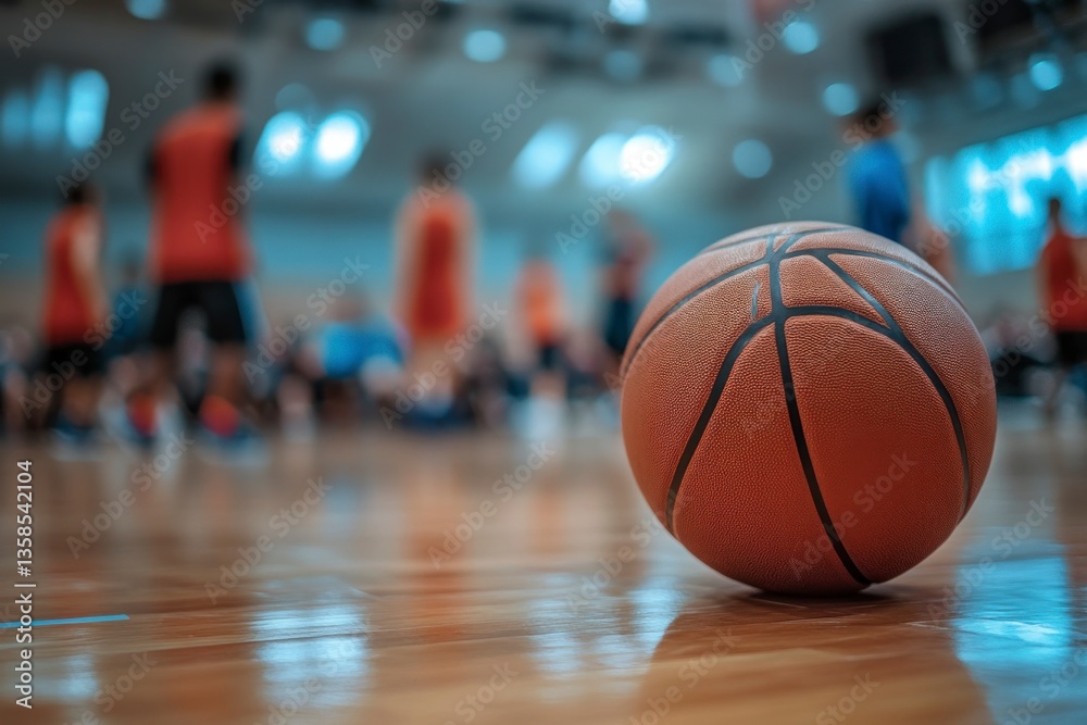 Obraz premium Basketball on Court with Players Practicing in Background Training Concept