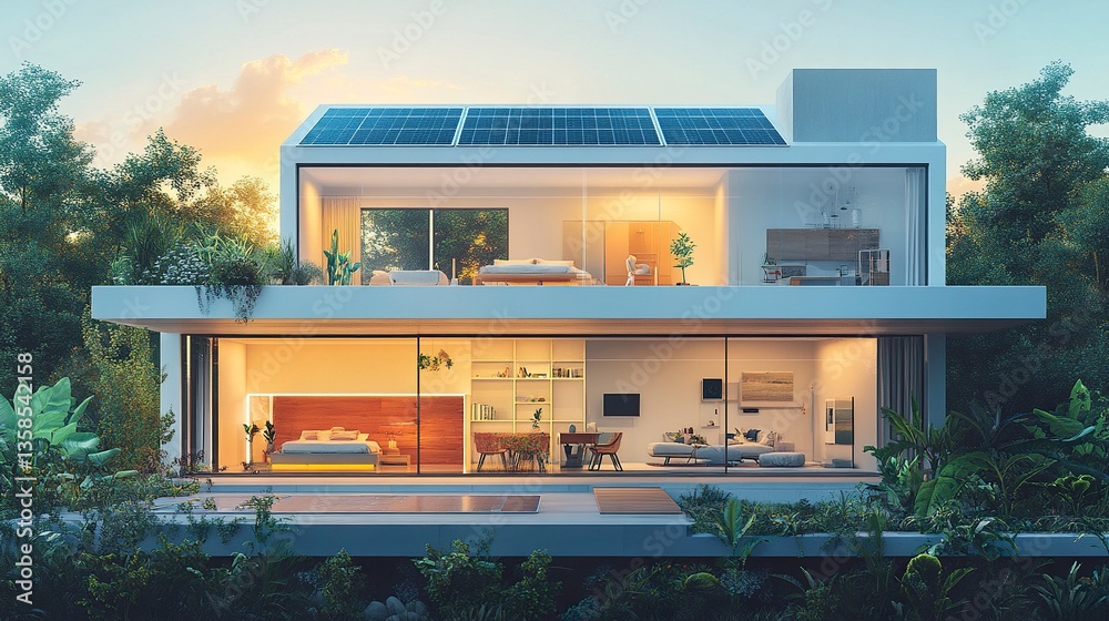 Cross-section of a modern house, renewable energy features like solar panels, cozy interior with bedroom, living area, workspace, lush greenery outside, bright daylight, sharp details. Cross-section of a modern house, renewable energy features like solar panels, cozy interior with bedroom, living area, workspace, lush greenery outside, bright daylight, sharp details.