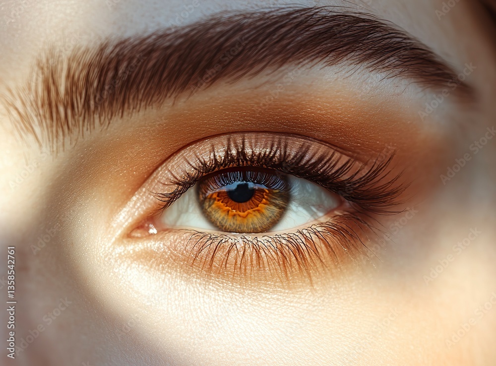 Fototapeta premium Close-up of a beautiful woman's eye with brown makeup and long eyelashes, a macro shot. Stock photo contest winner, stock photo, stock photography, professional photograph. 