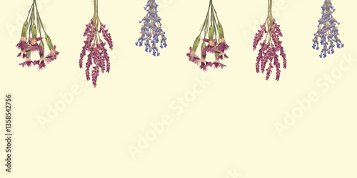 Horizontal seamless border with air drying wild flowers on yellowed background. Herbal template for text with scanned dianthus, salvia and lavender.
