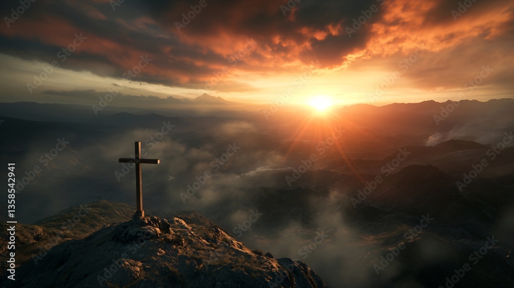 Obraz premium Christian cross on mountain peak at dramatic sunset. Spiritual landscape for Easter, Good Friday, or religious contemplation. Scenic view with copy space
