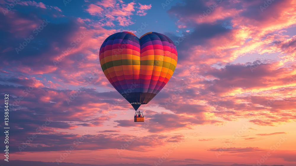 Obraz premium Rainbow heart symbol. Colorful heart shaped hot air balloon floats gracefully against vibrant sunset sky