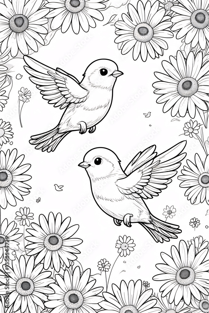 Obraz premium A pair of vibrant lover birds fluttering above blooming flowers in a beautiful garden for coloring page animal in garden Illustration