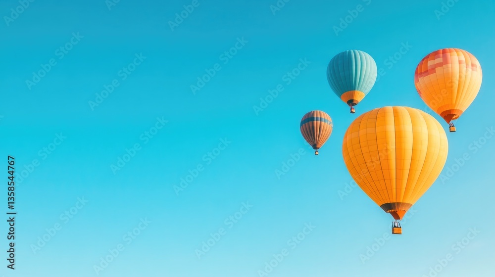 Obraz premium cluster of vibrant hot air balloons ascending into clear sky leaving ample space for text on right
