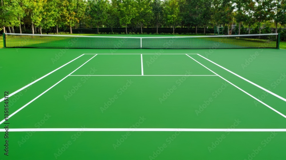 Obraz premium A vibrant green tennis court with crisp white lines is perfectly situated outdoors amidst lush green trees on a sunny day ready for a game.