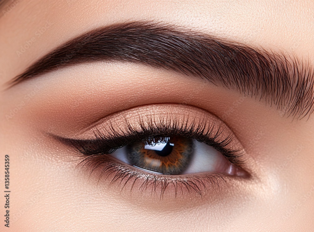 Obraz premium Close-up of a beautiful woman's eye with creative fashion eyebrows and a brown-beige color smoky eye makeup look, a beauty-style photograph for magazine advertising. Isolated on a white background. St
