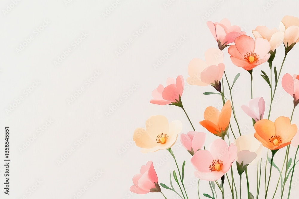 delicate watercolor illustration featuring array of spring flowers in soft pastels gently framing subtle and serene delicate watercolor illustration featuring array of spring flowers in soft pastels gently framing subtle and serene