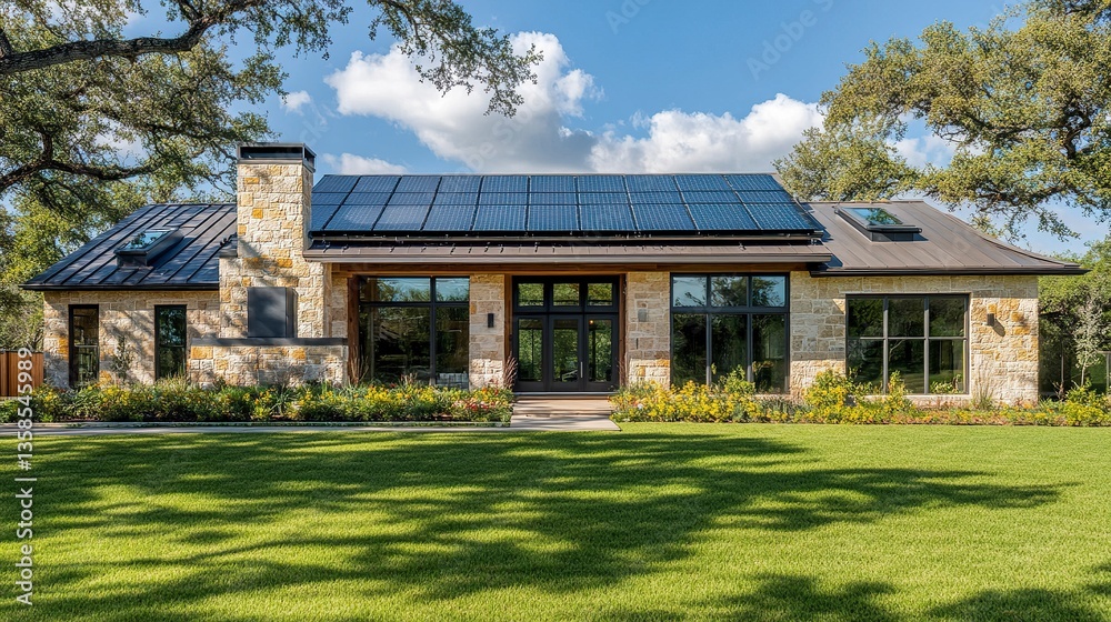 Fototapeta premium Energy-efficient Texas home, sleek solar-paneled roof, large windows, green yard, sunny day, frontal perspective, sharp and clear composition. 