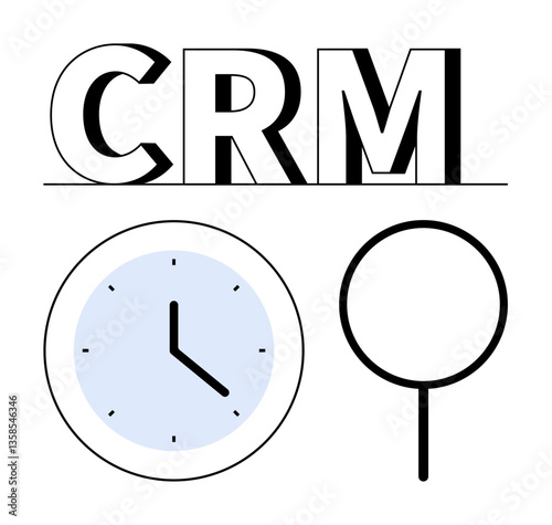 CRM letters with a clock showing time tracking and a magnifying glass representing search or analysis. Ideal for productivity, task management, customer service, analysis, organization, efficiency