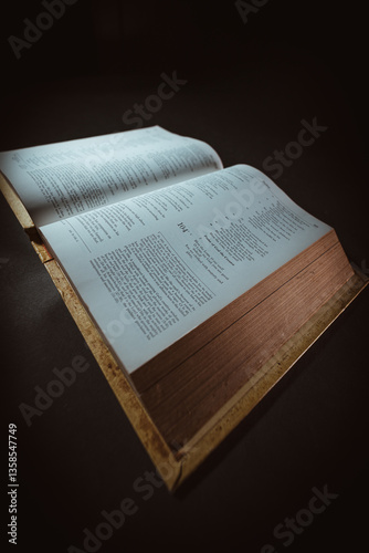 The Holy Bible book opens to a random psalm page with dramatic lighting and a black bacgkround.