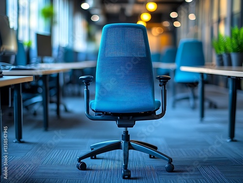 A modern office chair with ergonomic design and blue mesh photo