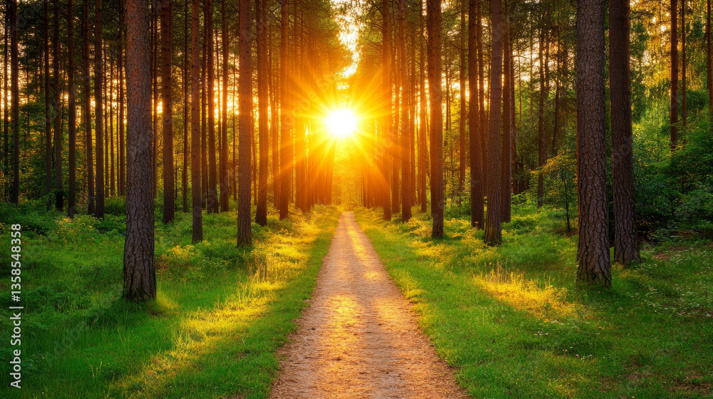 Obraz premium Sunlight streaming through forest path at sunset