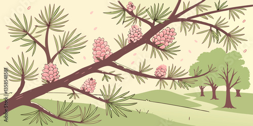 Larch tree fresh pink cones blossom at spring on nature background. Branches with young needles European larch Larix decidua with pink flowers.
