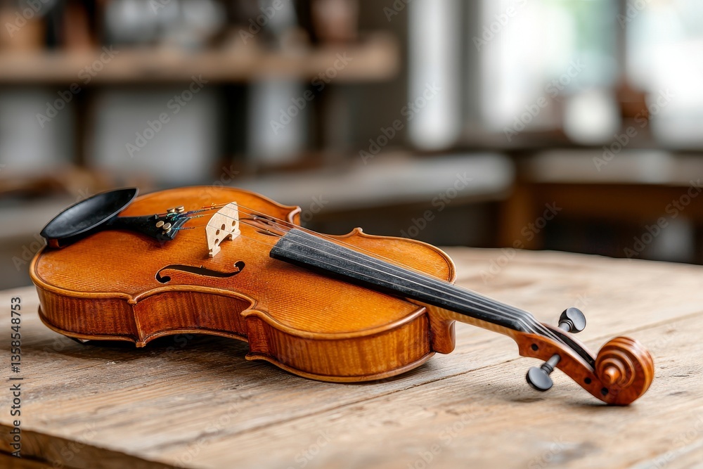 Fototapeta premium Amber Toned Violin on Rustic Wooden Table in Workshop
