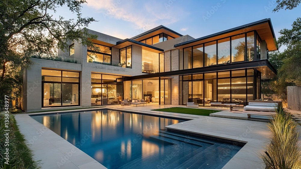 Luxury modern house with a private pool, minimalist exterior, warm sunlight, landscaped yard, wide perspective, crisp textures, and vivid colors Luxury modern house with a private pool, minimalist exterior, warm sunlight, landscaped yard, wide perspective, crisp textures, and vivid colors