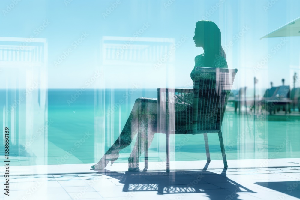 Naklejka premium Businesswoman relaxing on vacation at luxury resort overlooking tropical ocean