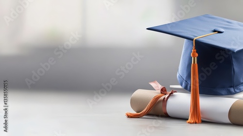 A navy blue graduation cap rests atop a rolled diploma tied with an orange ribbon signifying academic achievement and future success in a bright modern setting.