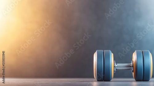 A single dumbbell rests on a dark surface against a smoky orange and gray background ideal for fitness or health themed designs.