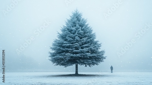 Solitary frosted Christmas tree in winter fog