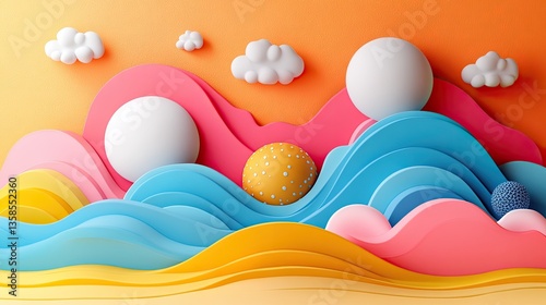 Abstract colorful paper cut landscape with spheres