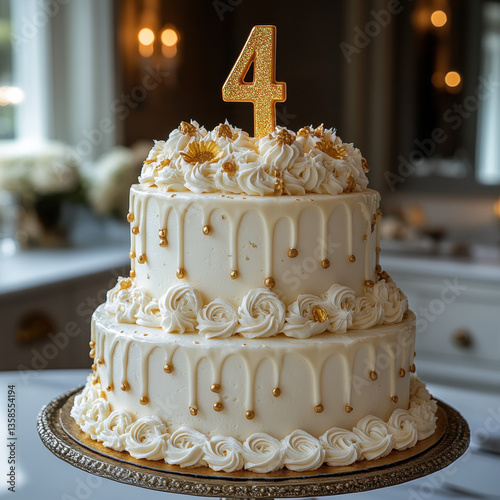 Elegant white wedding cake decorated with candles and flowers for a celebration photo