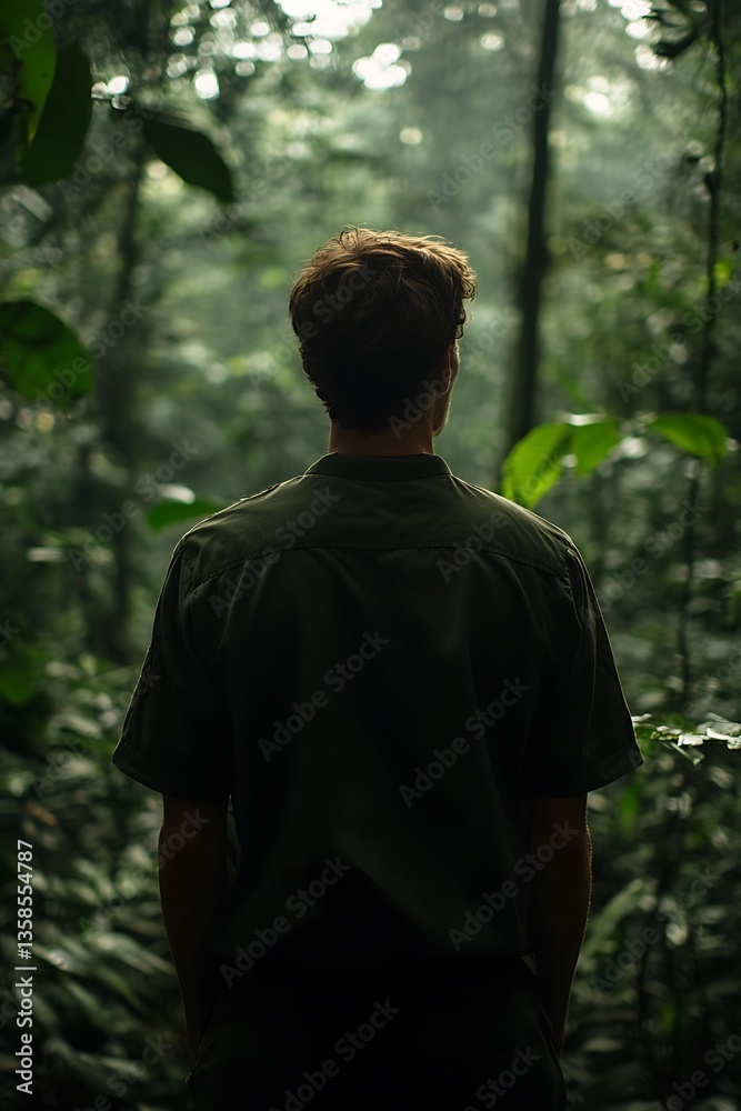 Naklejka premium Man in jungle forest.