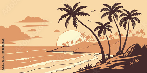 A serene sunset in the Dominican Republic with palm trees silhouetted against the orange sky The ocean waves softly crash as the sun sets on the horizon, creating a peaceful tropical scene
