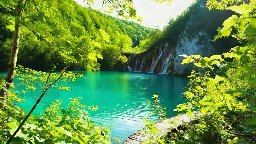 plitvice lakes national park croatia, Beautiful wooden path trail for nature trekking with lakes and waterfall landscape in Plitvice Lakes National Park, UNESCO natural world heritage and famous trave