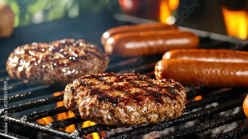 Close-up of burgers and hot dogs sizzling on a grill, with guests enjoying drinks in the background, capturing a lively outdoor gathering atmosphere.