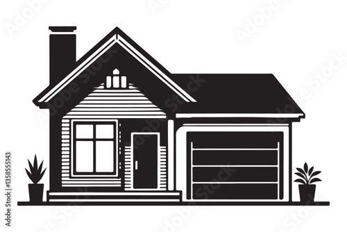 Silhouette Suburban Home With Garage and Potted Plants Vector