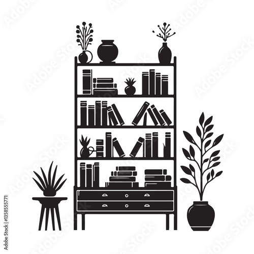 Stylish bookcase illustration displaying books plants and vases at home